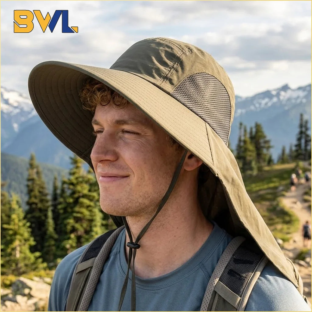 Summer Outdoor Fishing Bucket Hat Wide Brim UV Sun Protection Cap with Neck Flap Sunshade for Hiking Camping Travel