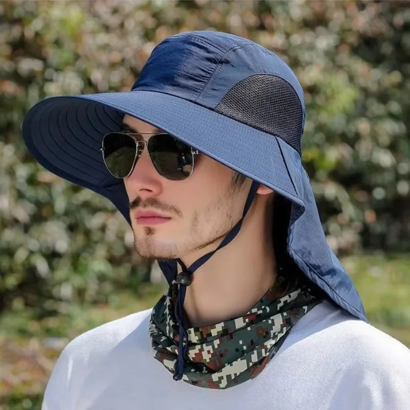 Summer Outdoor Fishing Bucket Hat Wide Brim UV Sun Protection Cap with Neck Flap Sunshade for Hiking Camping Travel