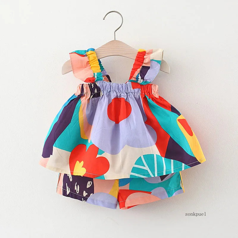 Baby Girls Clothing Sets Summer Suspender Top Color Matching Floral Vest + Children'S Casual Pants Little Kids Clothes Suit