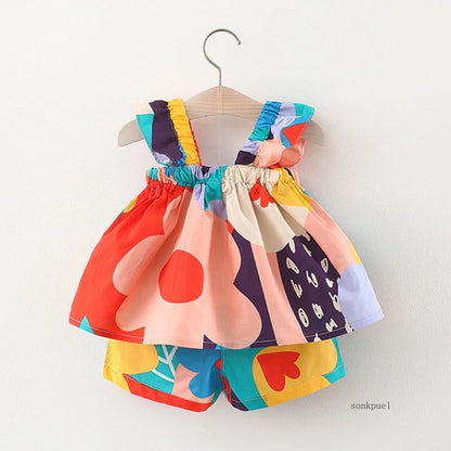 Baby Girls Clothing Sets Summer Suspender Top Color Matching Floral Vest + Children'S Casual Pants Little Kids Clothes Suit