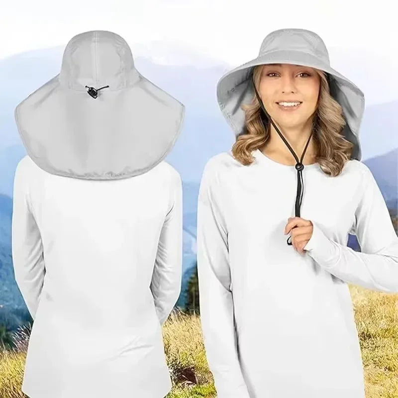 Summer Outdoor Fishing Bucket Hat Wide Brim UV Sun Protection Cap with Neck Flap Sunshade for Hiking Camping Travel