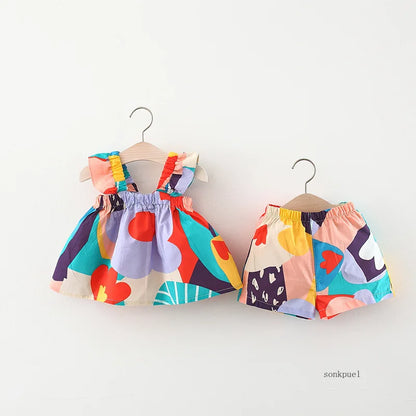 Baby Girls Clothing Sets Summer Suspender Top Color Matching Floral Vest + Children'S Casual Pants Little Kids Clothes Suit